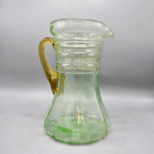 Vintage Green Vaseline glass Pitcher with Yellow Handle