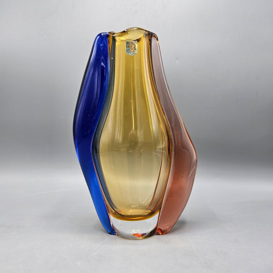 Hana Machovska Mstisov "Romana" Pink Cobalt Amber Glass Flower Vase 1960s
