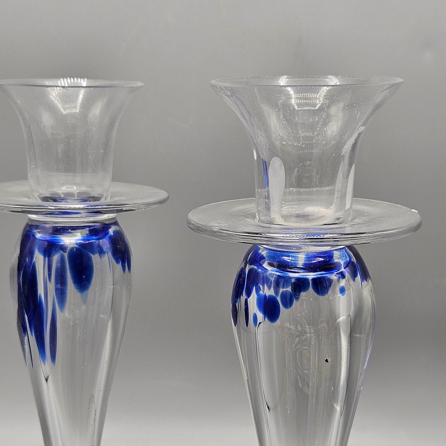 Beautiful Pair of Crystal Glass Candlesticks with Blue Accents