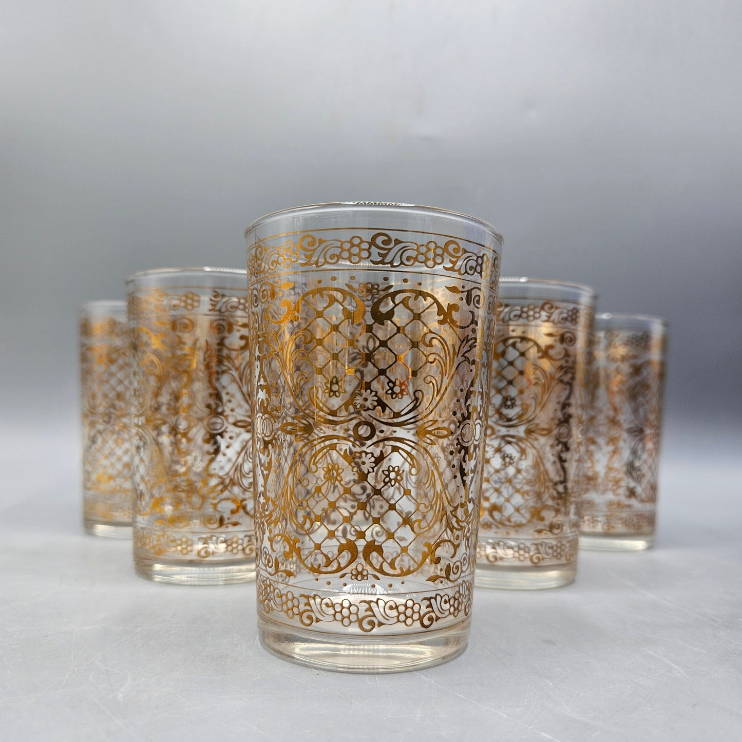 Beautiful Set of 6 Vintage Gold Etched Juice Glasses