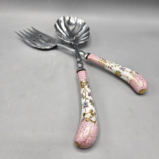 Pair of Vintage Sheffield Cutlery Carving Spoon & Fork Set Made In England with Floral Handle
