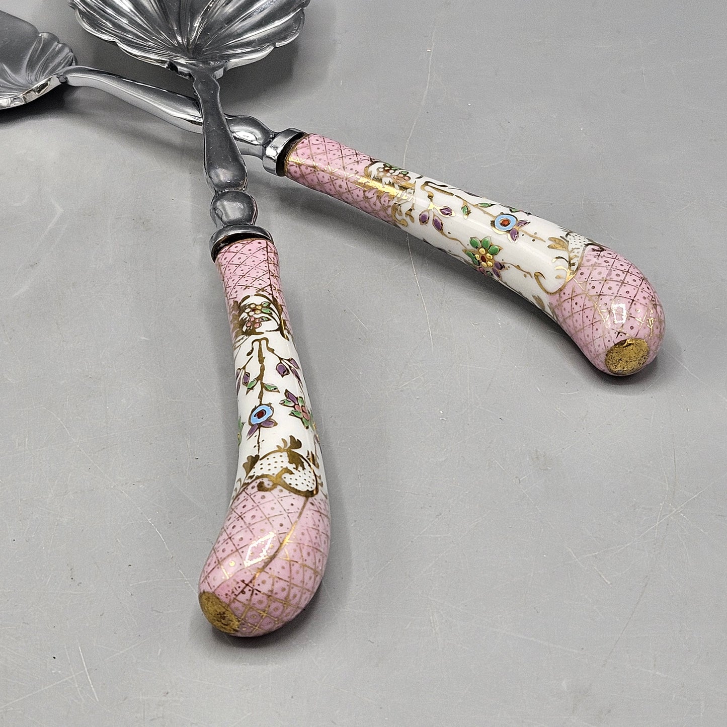 Pair of Vintage Sheffield Cutlery Carving Spoon & Fork Set Made In England with Floral Handle