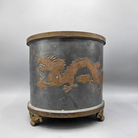 Large Vintage Chinese Metal Brass Overlay Pewter Planter Jardiniere with Dragons