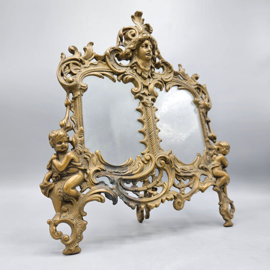 Vintage Victorian Rococo Baroque Brass Figural Cherub Double Picture Frame