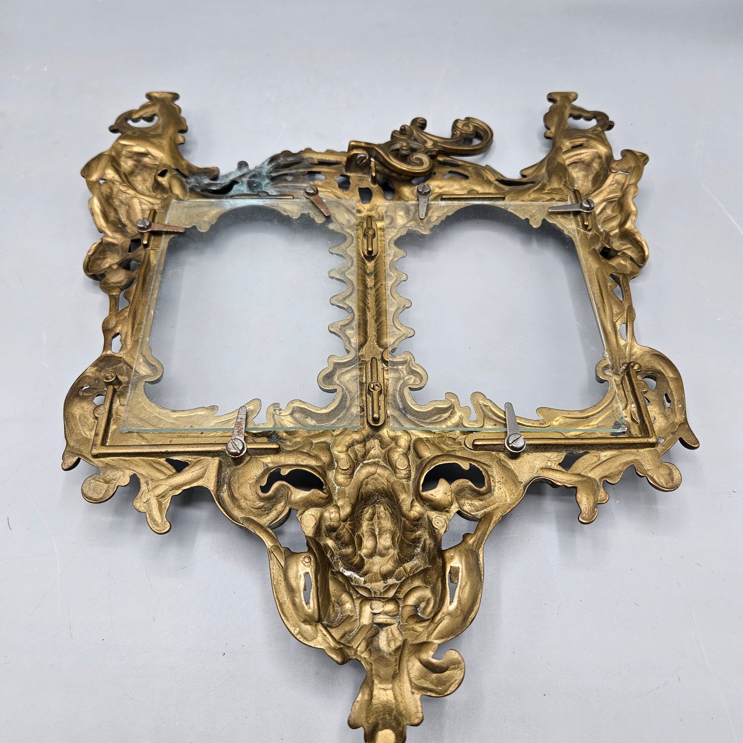 Vintage Victorian Rococo Baroque Brass Figural Cherub Double Picture Frame