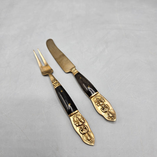 Vintage 1950's Thailand Brass & Rosewood Fork and Knife Set