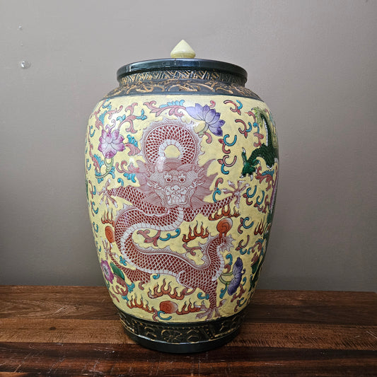 Large Heavy Asian Brightly Colored Dragon Temple Jar with Lid ~ Multiple Available