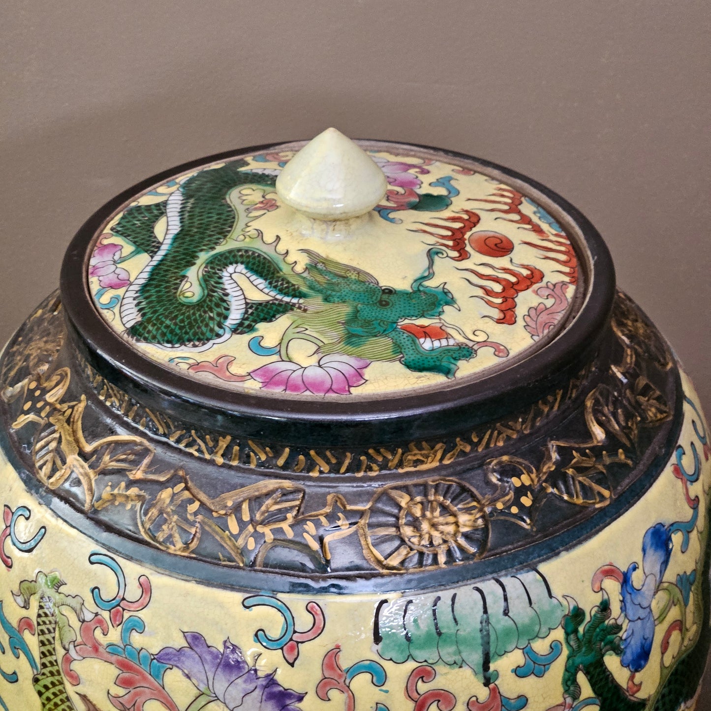 Large Heavy Asian Brightly Colored Dragon Temple Jar with Lid ~ 2 Available