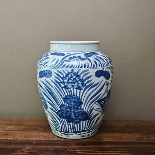 Large Asian Blue & White Porcelain Jar / Vase with Fish Motif ~ Multiple Available
