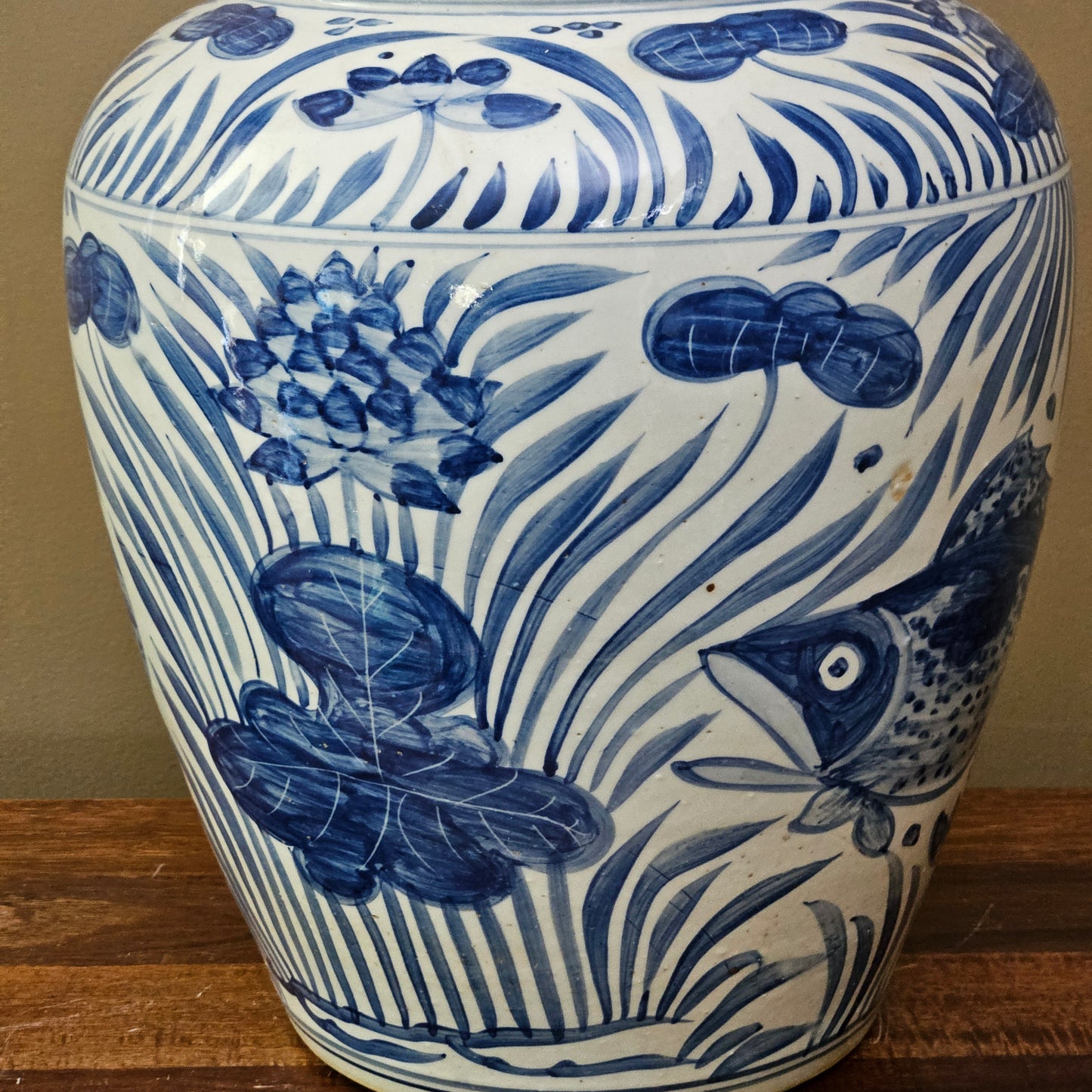 Large Asian Blue & White Porcelain Jar / Vase with Fish Motif ~ Multiple Available