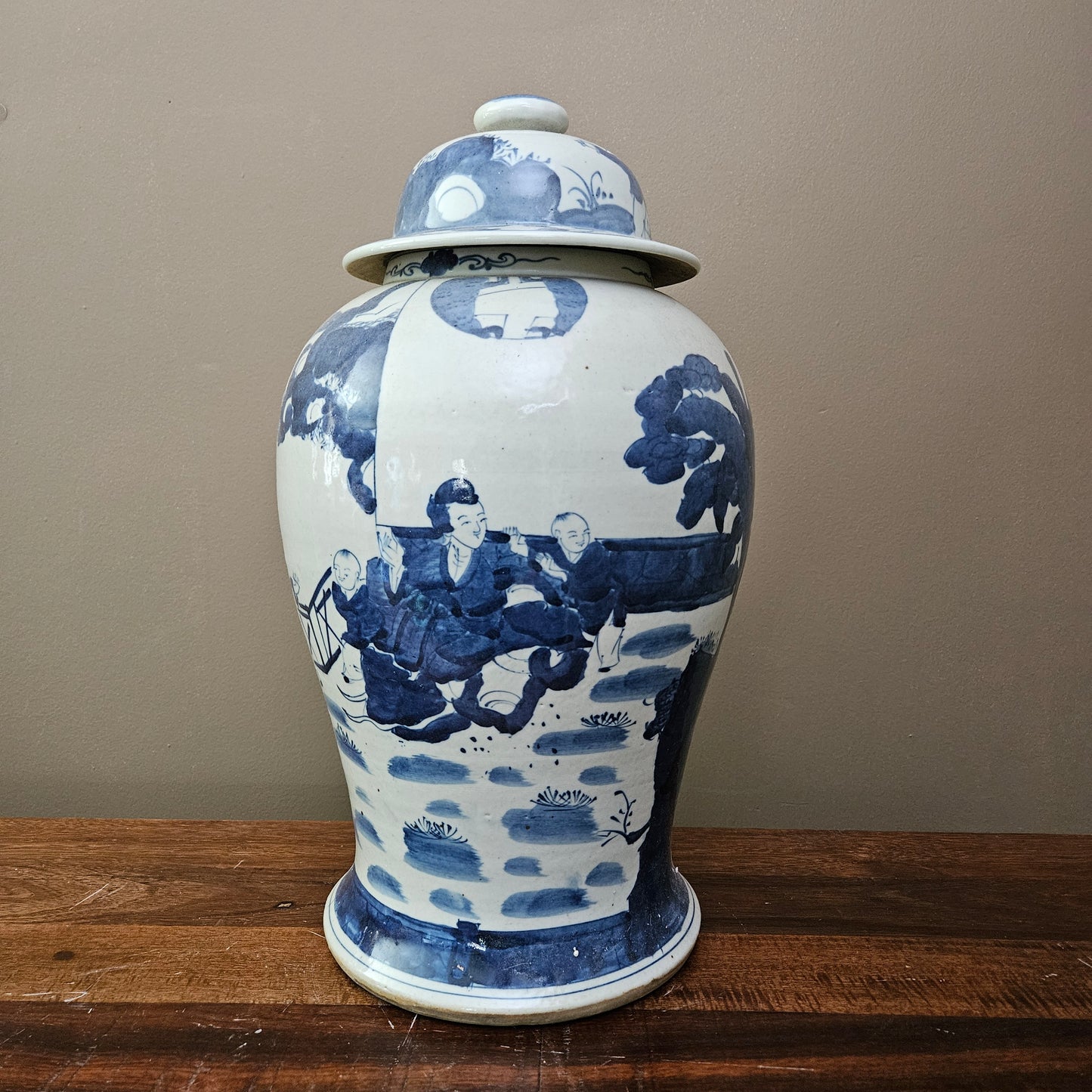 Large Asian Blue & White Porcelain Temple Jar with Lid ~ 2 Available