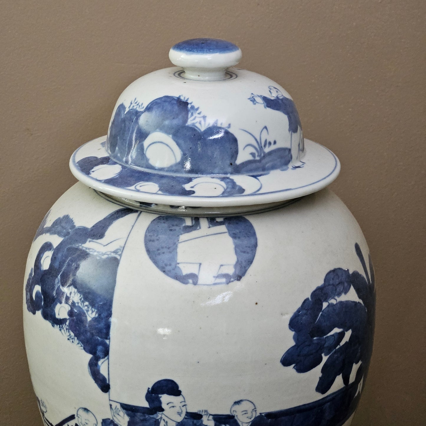 Large Asian Blue & White Porcelain Temple Jar with Lid ~ 2 Available