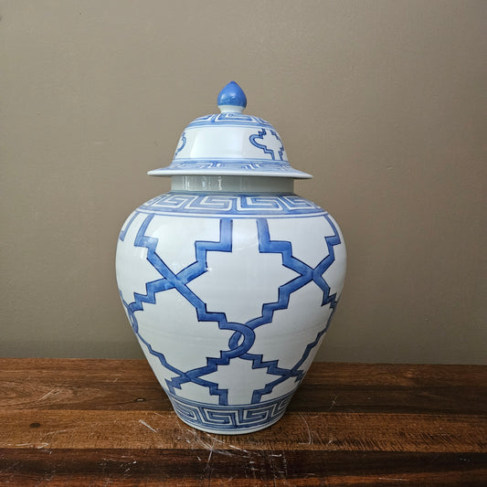 Large Asian Blue & White Porcelain Greek Key Ginger Jar with Lid ~ Multiple Available