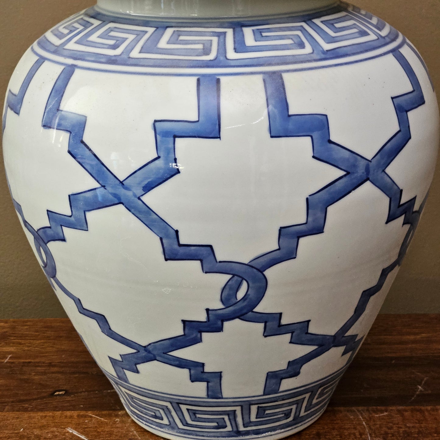 Large Asian Blue & White Porcelain Greek Key Ginger Jar with Lid ~ 6 Available