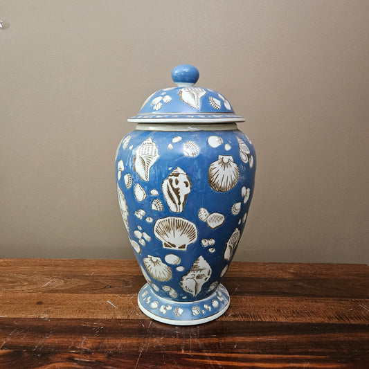 Large Asian Blue Porcelain Seashell Ginger Jar with Lid ~ Multiple Available