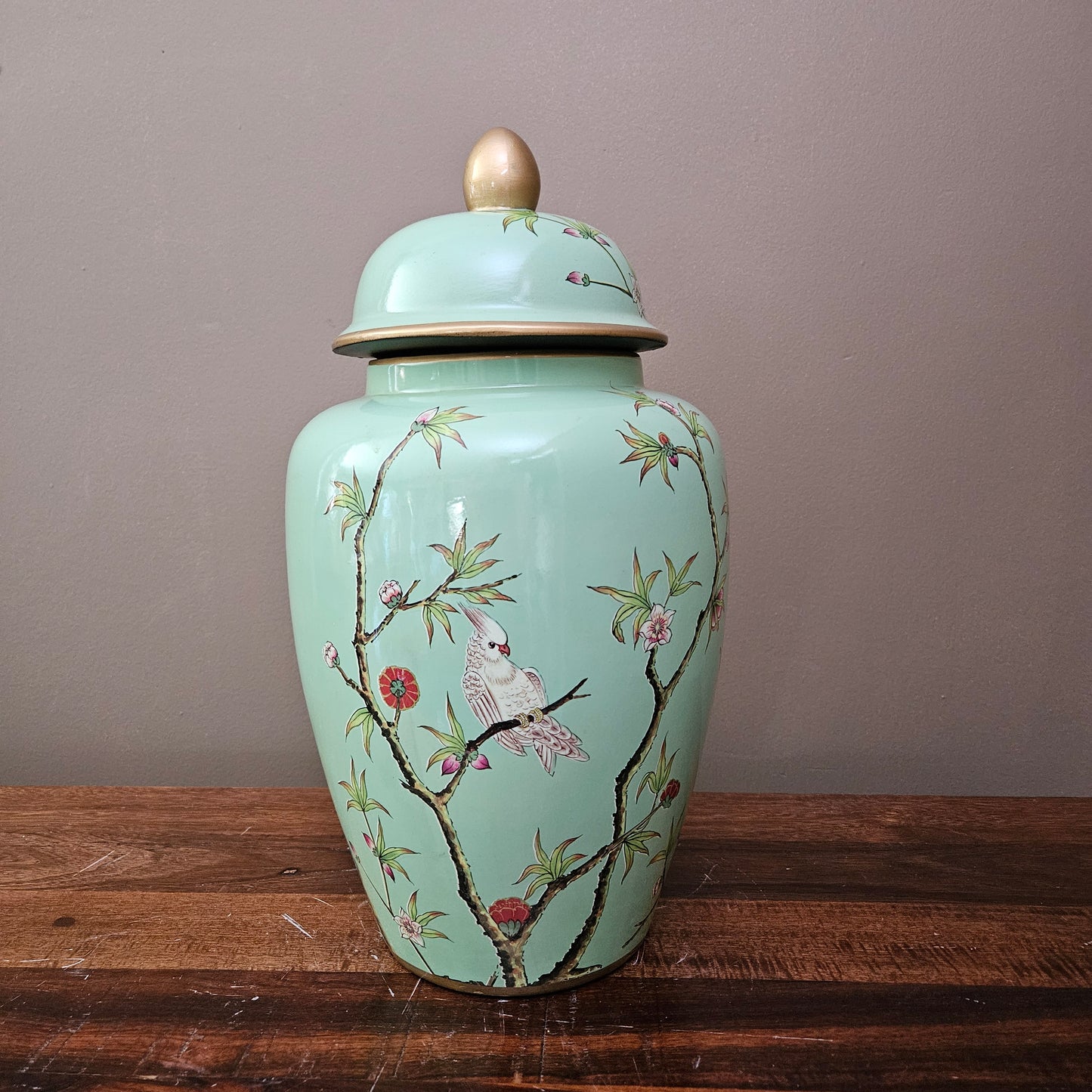 Asian Blue Porcelain Green Bird Motif Ginger Jar with Lid ~ 2 Available