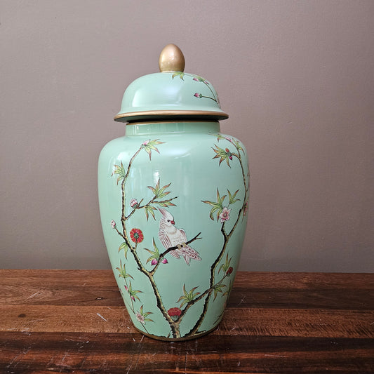 Large Asian Blue Porcelain Green Bird Motif Ginger Jar with Lid ~ Multiple Available