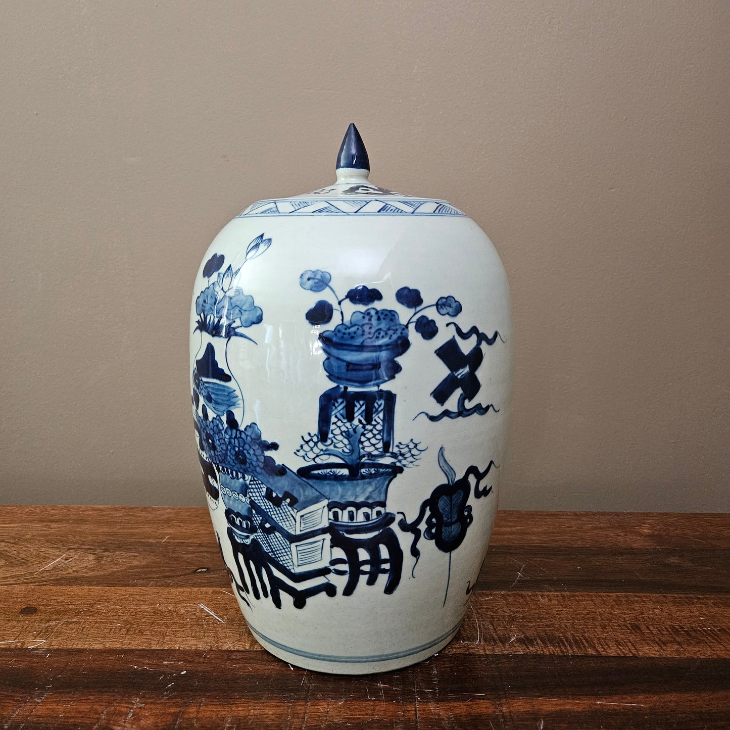 Large Asian Blue & White Porcelain Temple Jar with Lid