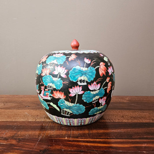 Chinese Melon Famille Noire Porcelain Ginger Jar with Lid