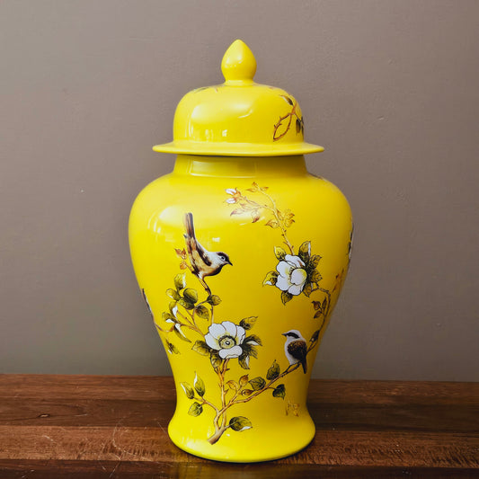16" Yellow Asian Porcelain Bird Motif Ginger Jar with Lid ~ 4 Available