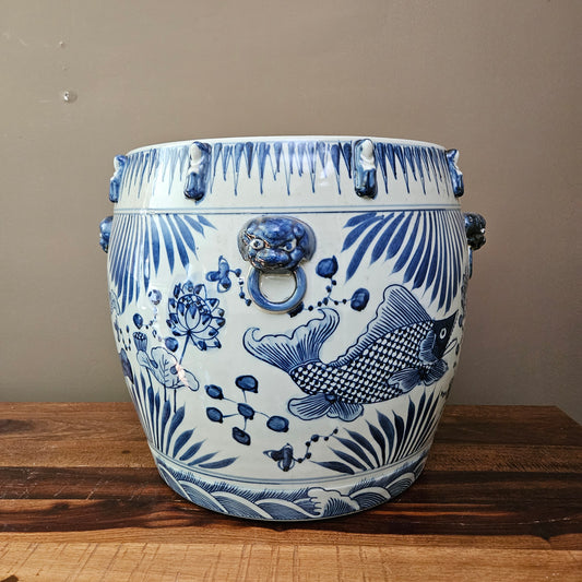 Large Blue & White Asian Porcelain Planter with Fish ~ Multiple Available