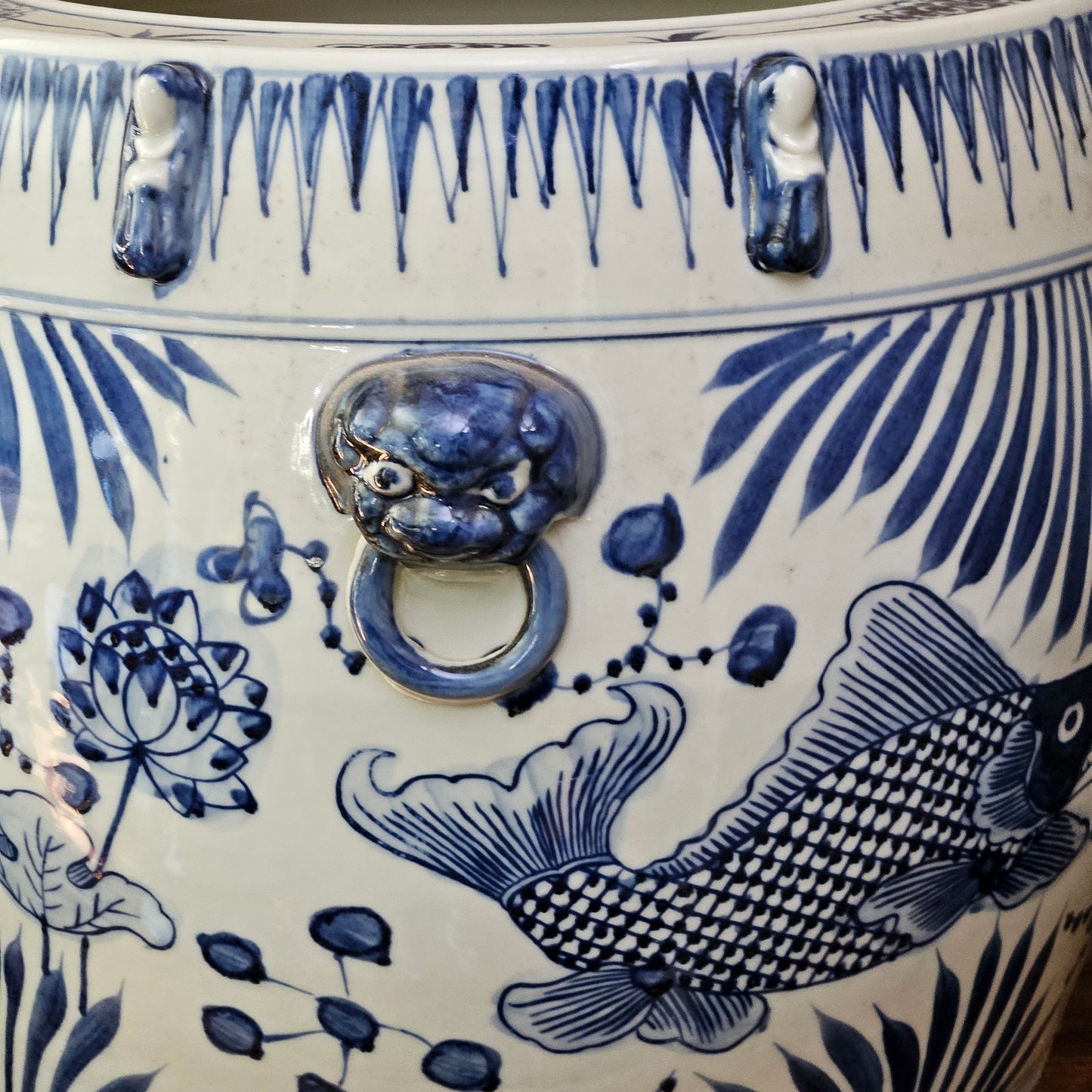 Large Blue & White Asian Porcelain Planter with Fish ~ 2 Available