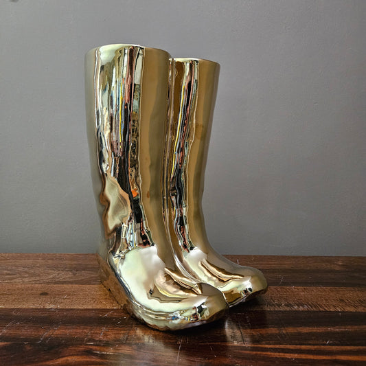 Porcelain Wellington Gardening Boots Vase - Gold ~ Multiple Available