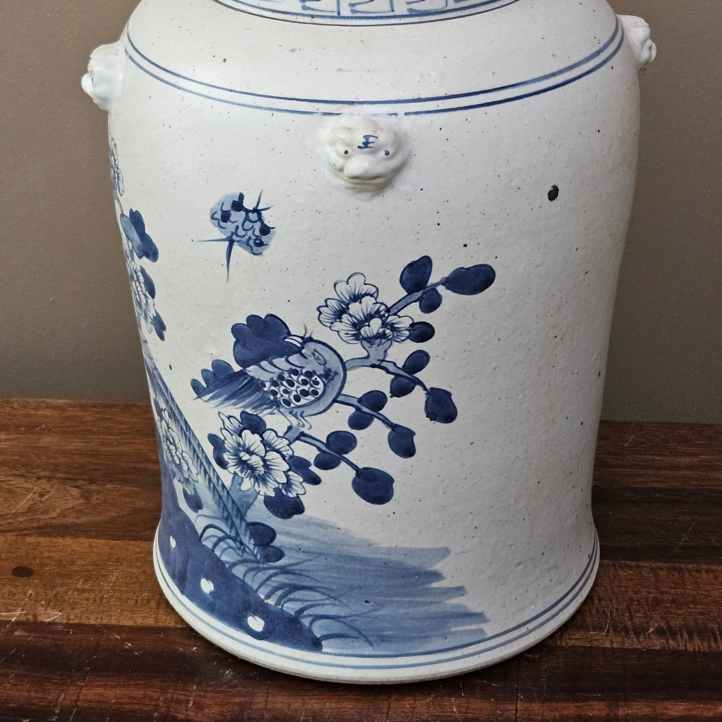 Large Asian Blue & White Porcelain Bird Temple Jar with Foo Dog Lid ~ Multiple Available
