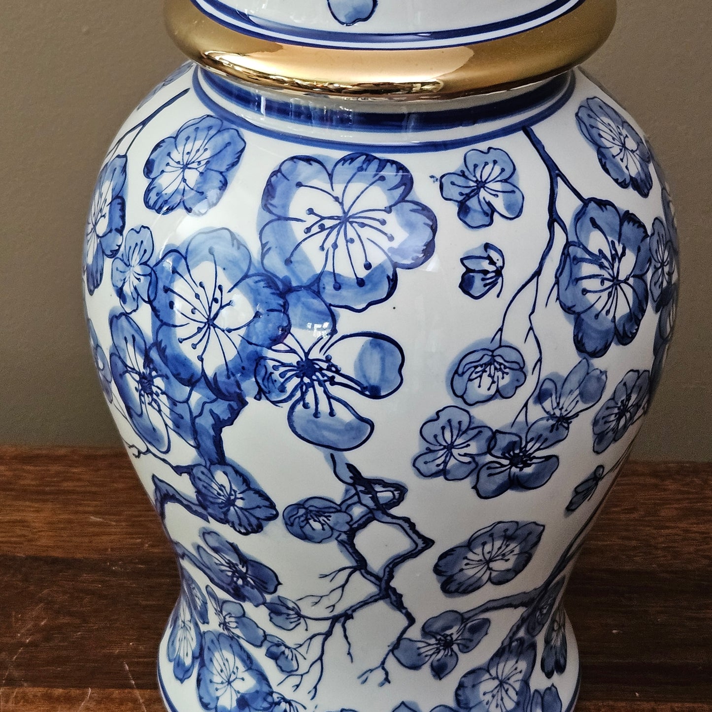 Blue & White Floral Porcelain Ginger Jar with Lid & Gold Accents ~ Multiple Available