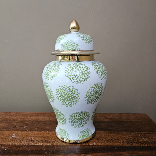 Green & White Chrysanthemum Flower Porcelain Ginger Jar with Lid & Gold Accents ~ Multiple Available