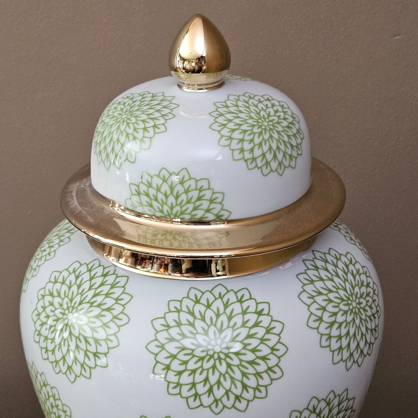 Green & White Chrysanthemum Flower Porcelain Ginger Jar with Lid & Gold Accents ~ Multiple Available