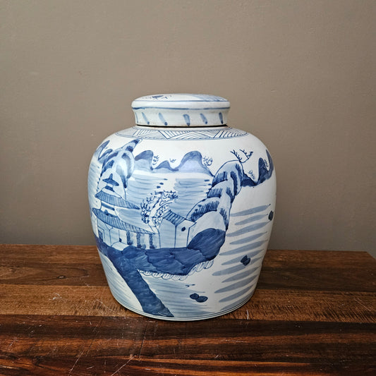 12" Asian Blue & White Porcelain Ginger Jar with Lid ~ 2 Available