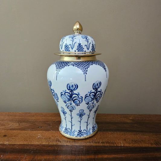 16" Blue & White Floral Fishnet Porcelain Ginger Jar with Gold Accents and Lid ~ 6 Available