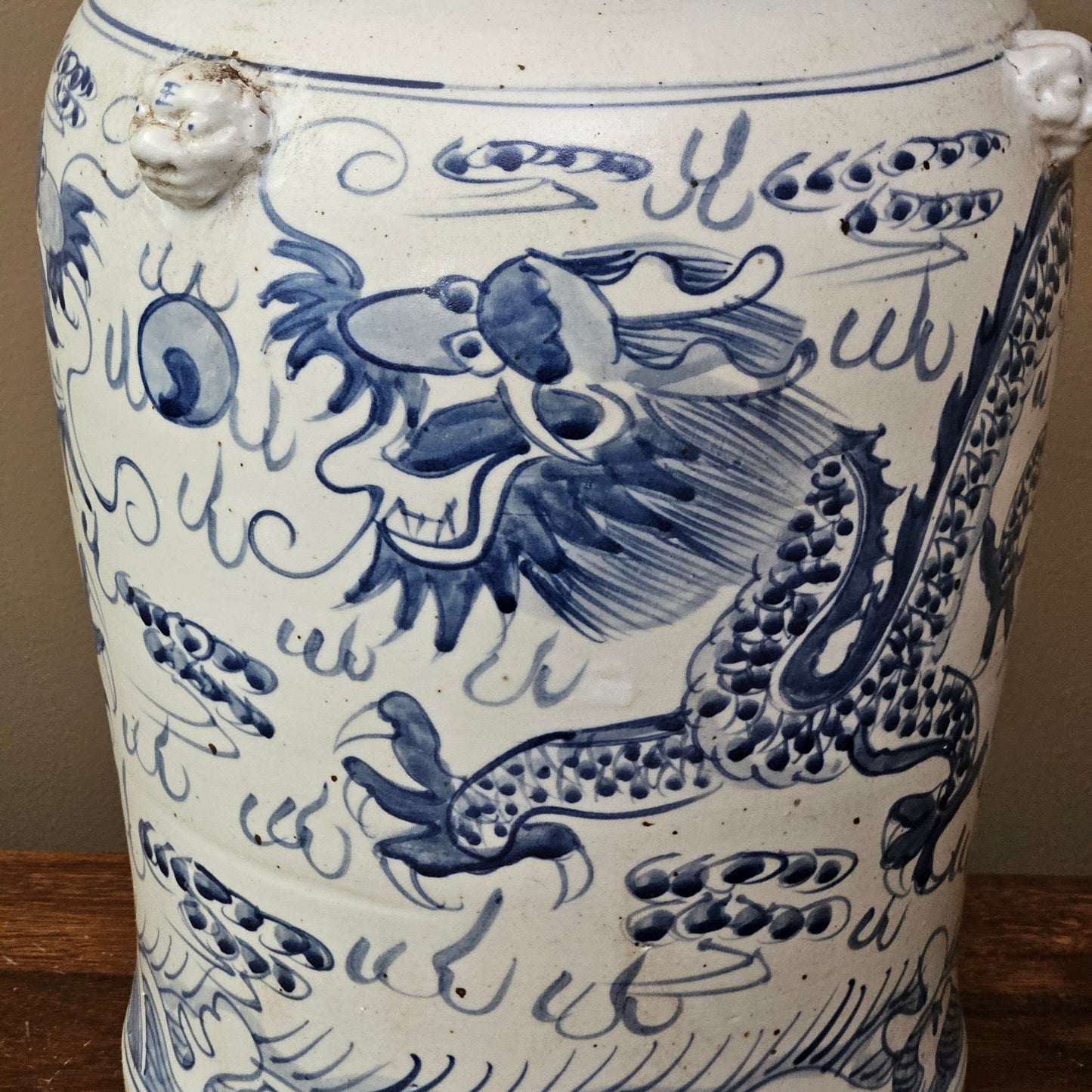 Large Asian Blue & White Porcelain Dragon Temple Jar with Foo Dog Lid ~ Multiple Available