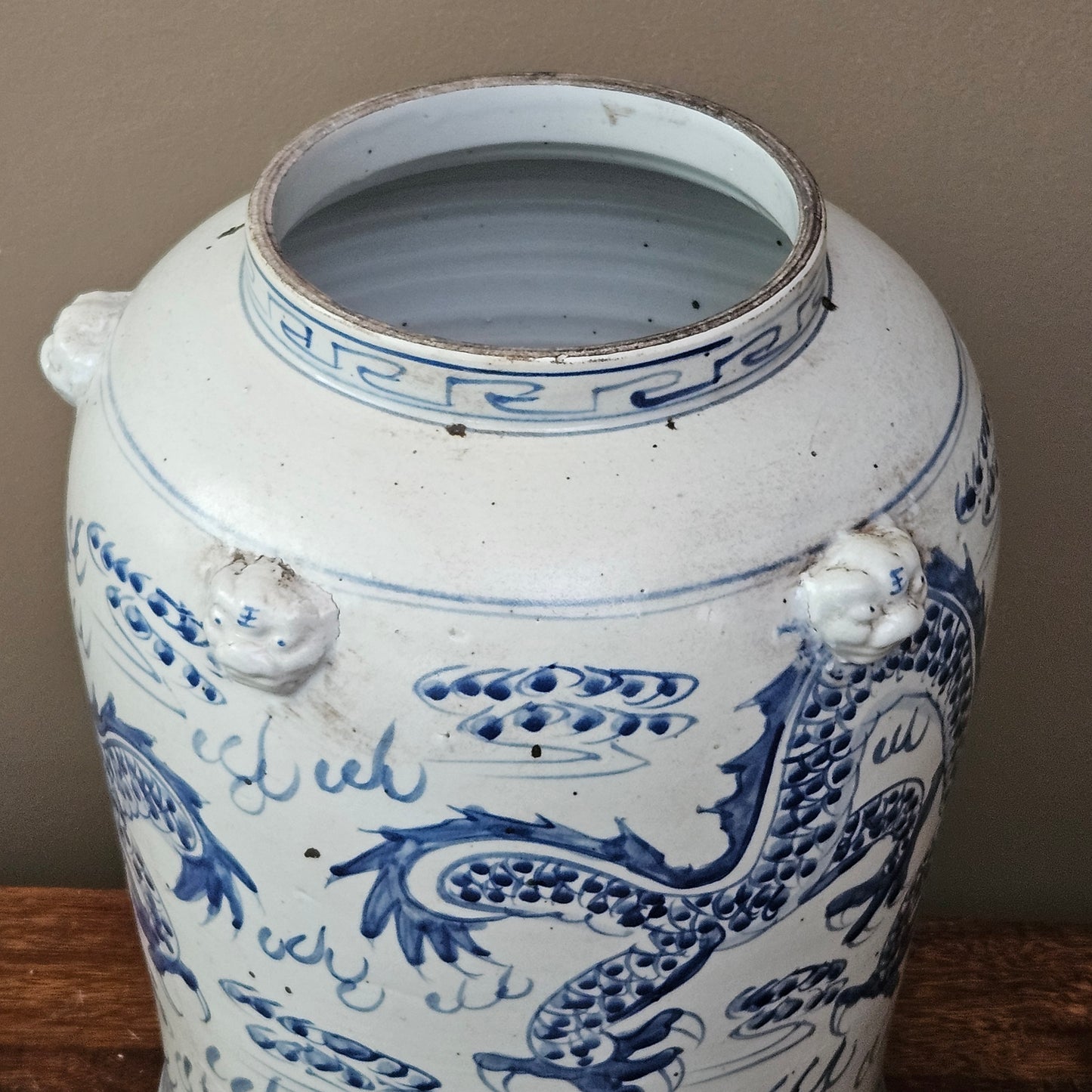 Large Asian Blue & White Porcelain Dragon Temple Jar with Foo Dog Lid ~ Multiple Available