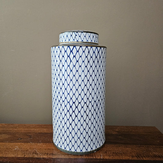Large Blue & White Porcelain Canister Jar with Netted Design & Lid ~ 4 Available