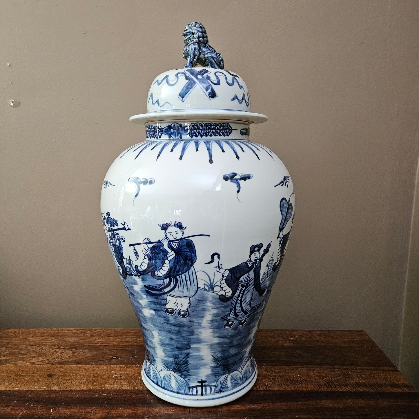 Large Asian Blue & White Porcelain Temple Jar with Foo Dog Lid ~ Multiple Available