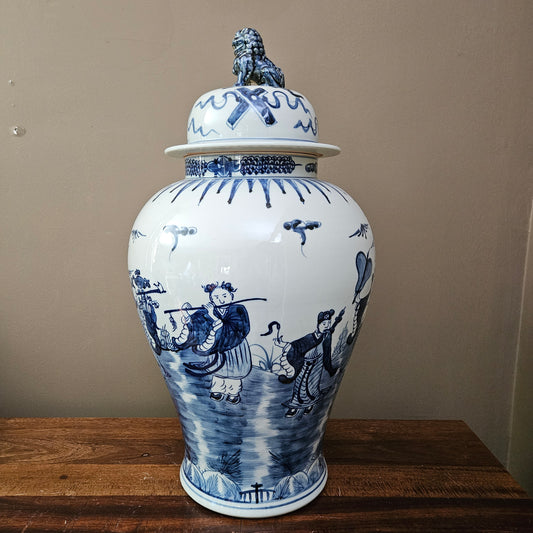 Large Asian Blue & White Porcelain Temple Jar with Foo Dog Lid ~ 4 Available