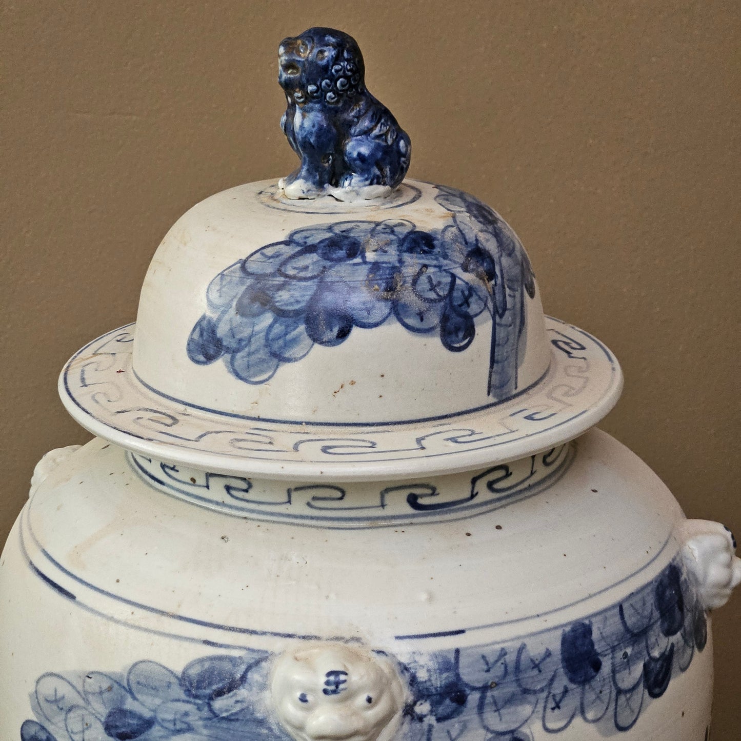 Large Asian Blue & White Porcelain Temple Jar with Foo Dog Lid ~ Multiple Available