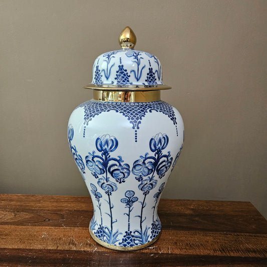 Large Blue & White Floral Fishnet Porcelain Ginger Jar with Lid & Gold Accents ~ Multiple Available