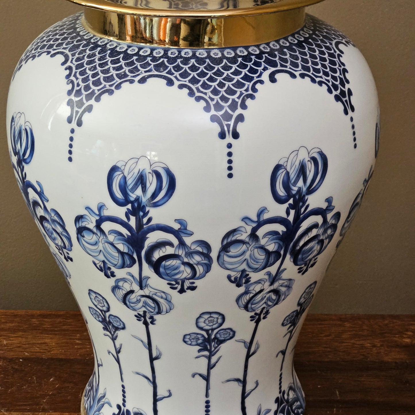 Large Blue & White Floral Fishnet Porcelain Ginger Jar with Lid & Gold Accents ~ Multiple Available