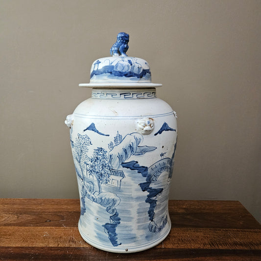 Large Asian Blue & White Porcelain Temple Jar with Foo Dog Lid ~ 2 Available