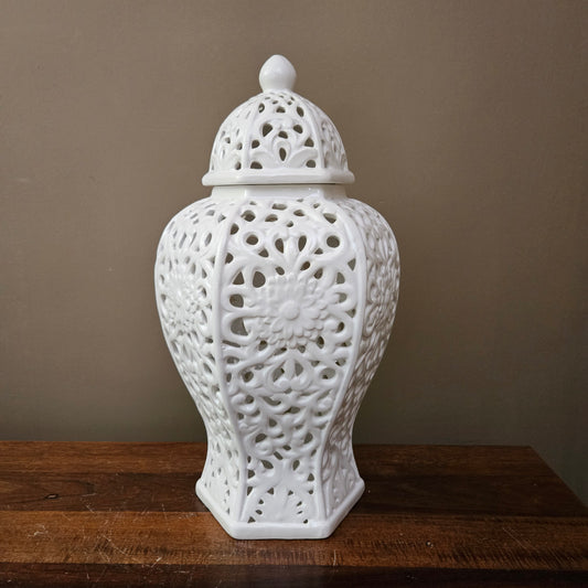 18" Tall White Porcelain Reticulated Jar with Lid ~ 6 Available