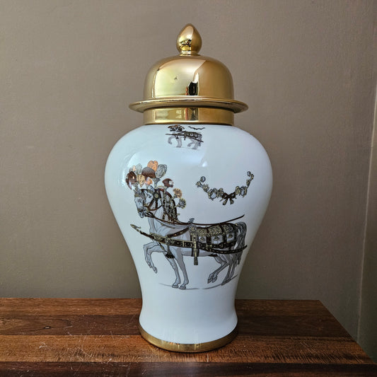 Hermes Style Equestrian Porcelain Temple Jars with Gold Lids ~ Multiple Available