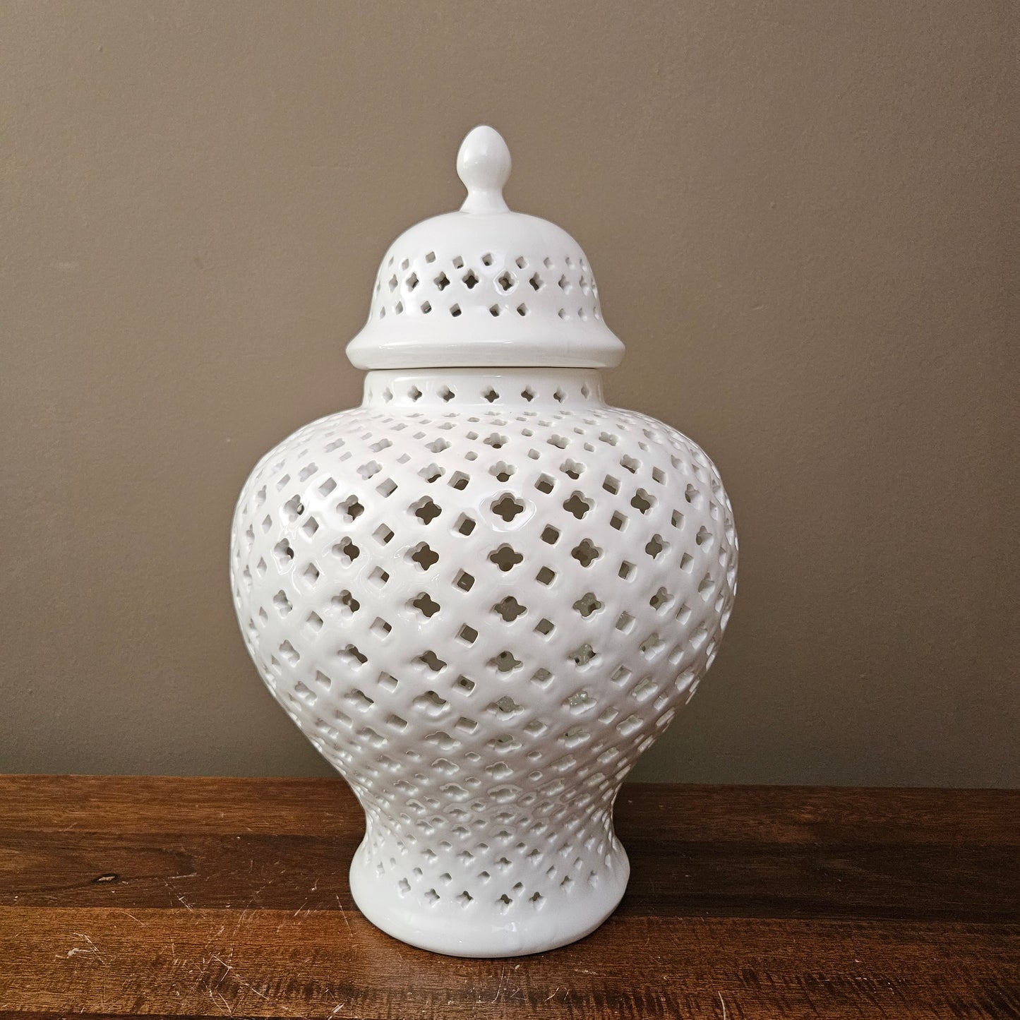 18" White Porcelain Reticulated Jar with Lid ~ 2 Available