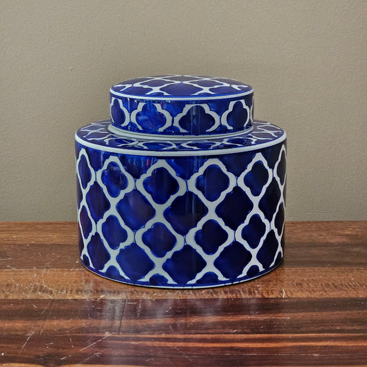 Small Blue & White Porcelain Canister Jar with Netted Design & Lid ~ Multiple Available