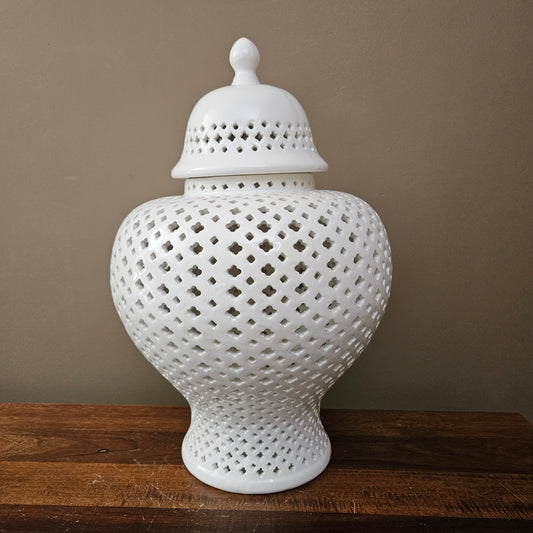 20" White Porcelain Reticulated Jar with Lid