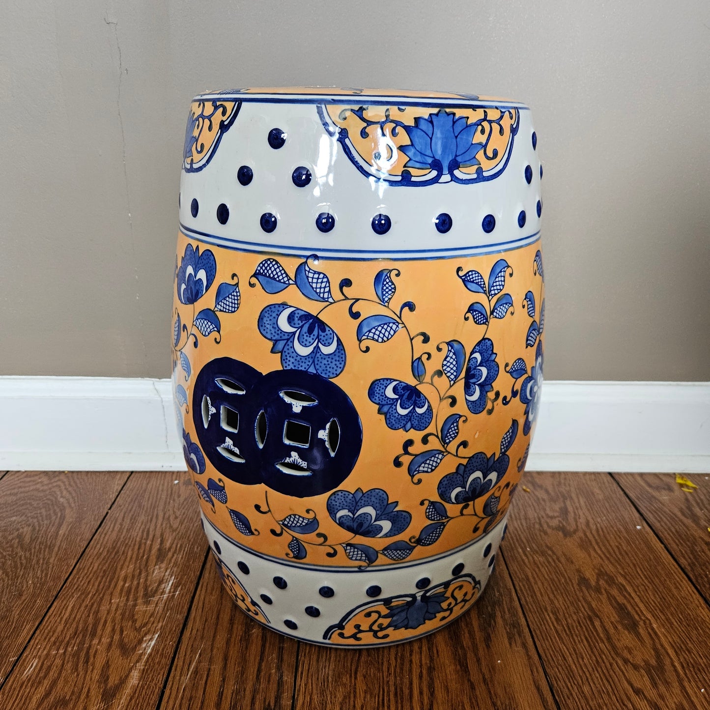 Asian Blue & Yellow Porcelain Garden Stool with Reticulated Design