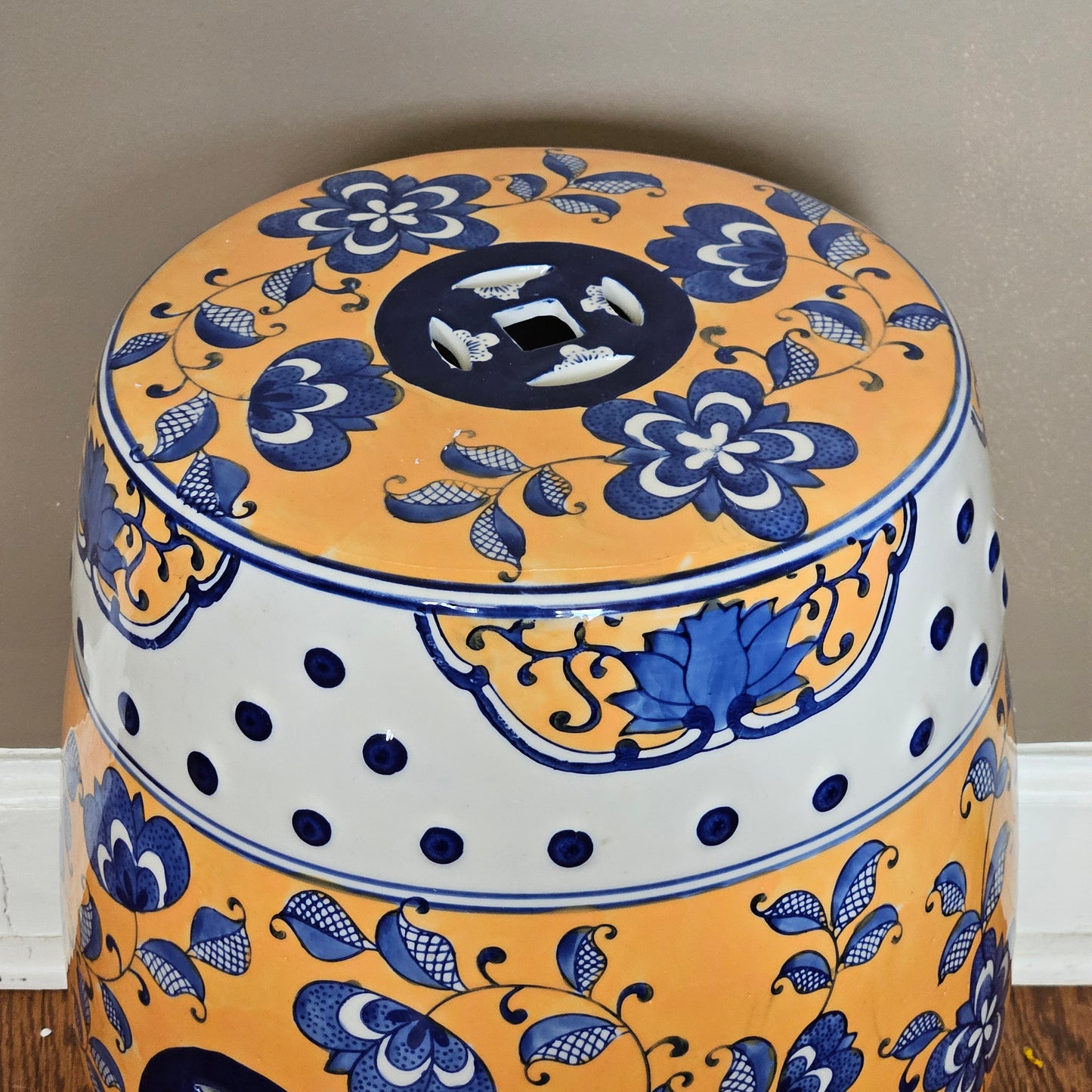 Asian Blue & Yellow Porcelain Garden Stool with Reticulated Design