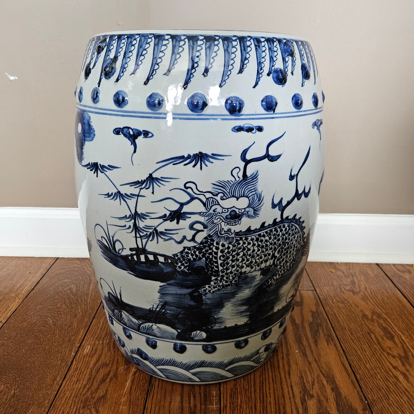 Asian Blue & White Porcelain Garden Stool with Dragons